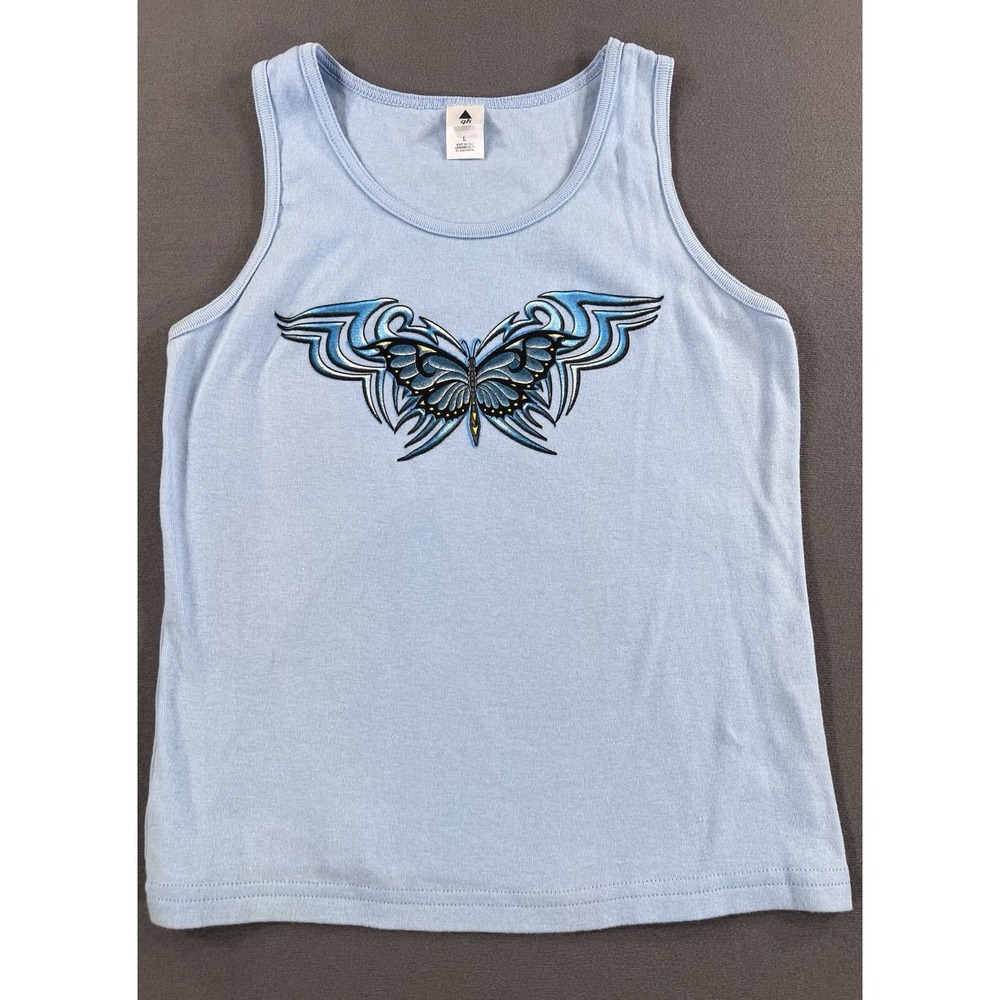QH Blue Tribal Butterfly Sleeveless Tank Top Y2K Graphic Festival Jrs Large